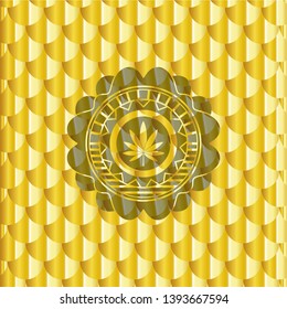 marijuana leaf icon inside golden badge. Scales pattern. Vector Illustration. Detailed.
