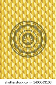 marijuana leaf icon inside golden emblem or badge. Scales pattern. Vector Illustration. Detailed.
