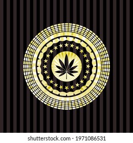 marijuana leaf icon inside golden badge or emblem. 