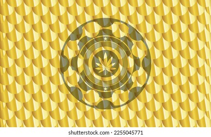 marijuana leaf icon inside golden badge. Scales pattern. Vector Illustration. Detailed. 