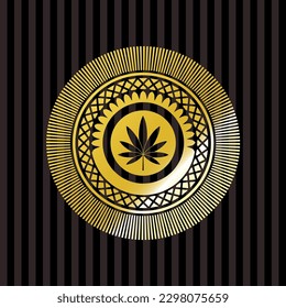 marijuana leaf icon inside golden badge. 