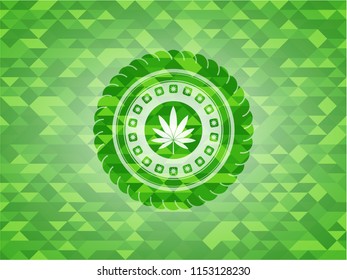 marijuana leaf icon inside green mosaic emblem