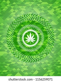 marijuana leaf icon inside green emblem with mosaic background