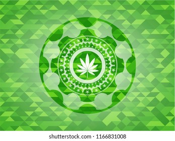 marijuana leaf icon inside green emblem. Mosaic background
