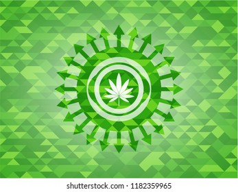 marijuana leaf icon inside green emblem with mosaic background