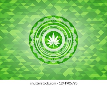 marijuana leaf icon inside green emblem. Mosaic background
