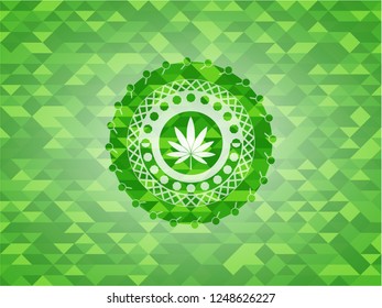 marijuana leaf icon inside green emblem with mosaic ecological style background