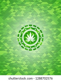 marijuana leaf icon inside green emblem with mosaic background