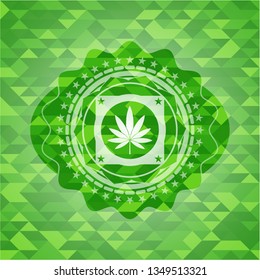 marijuana leaf icon inside green emblem with mosaic ecological style background