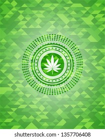 marijuana leaf icon inside green emblem. Mosaic background