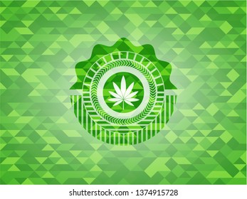 marijuana leaf icon inside green emblem with mosaic ecological style background