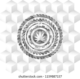 marijuana leaf icon inside grey badge with geometric cube white background