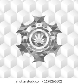 marijuana leaf icon inside grey badge with geometric cube white background