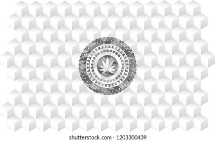 marijuana leaf icon inside grey badge with geometric cube white background