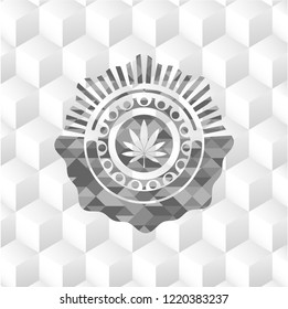 marijuana leaf icon inside grey icon or emblem with geometric cube white background