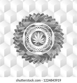marijuana leaf icon inside grey emblem. Vintage with geometric cube white background