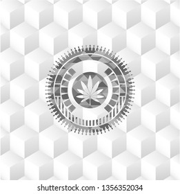 marijuana leaf icon inside grey icon or emblem with geometric cube white background