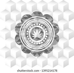 marijuana leaf icon inside grey emblem. Vintage with geometric cube white background