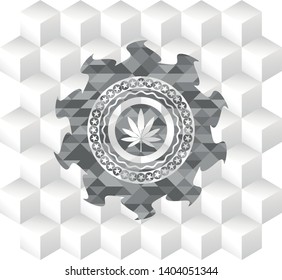 marijuana leaf icon inside grey emblem with geometric cube white background