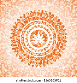marijuana leaf icon inside orange tile background illustration. Square geometric mosaic seamless pattern with emblem inside.