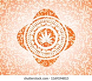 marijuana leaf icon inside orange tile background illustration. Square geometric mosaic seamless pattern with emblem inside.