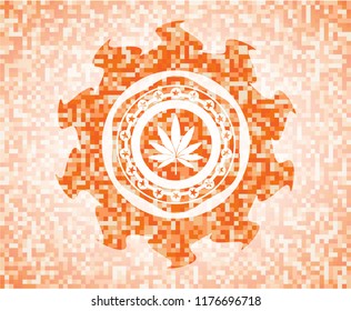 marijuana leaf icon inside orange mosaic emblem with background