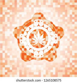 marijuana leaf icon inside orange tile background illustration. Square geometric mosaic seamless pattern with emblem inside.