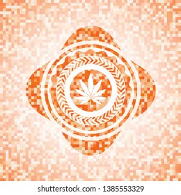marijuana leaf icon inside orange tile background illustration. Square geometric mosaic seamless pattern with emblem inside.