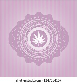 marijuana leaf icon inside pink emblem. Retro