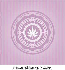 marijuana leaf icon inside pink emblem. Vintage.