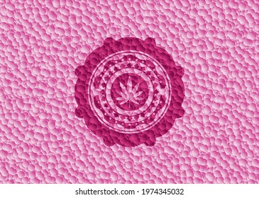 marijuana leaf icon inside pink badge with bubbles background. Vector Illustration. Detailed. 
