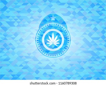 marijuana leaf icon inside realistic sky blue emblem. Mosaic background