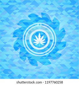 marijuana leaf icon inside realistic light blue emblem. Mosaic background