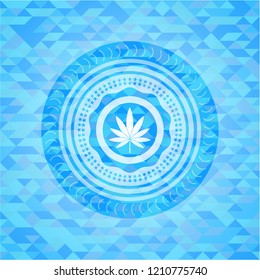 marijuana leaf icon inside realistic sky blue mosaic emblem