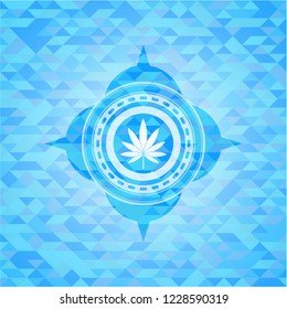 marijuana leaf icon inside realistic sky blue emblem. Mosaic background