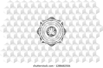 marijuana leaf icon inside realistic grey emblem with cube white background