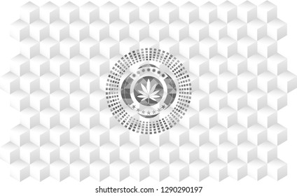 marijuana leaf icon inside realistic grey emblem with geometric cube white background