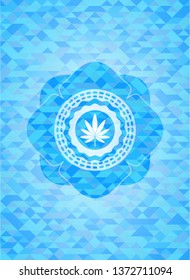 marijuana leaf icon inside realistic sky blue mosaic emblem