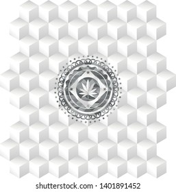 marijuana leaf icon inside realistic grey emblem with cube white background