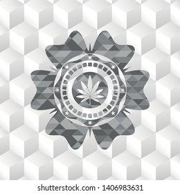 marijuana leaf icon inside realistic grey emblem with geometric cube white background