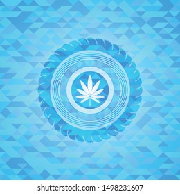 marijuana leaf icon inside realistic light blue emblem. Mosaic background