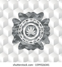 marijuana leaf icon inside realistic grey emblem with geometric cube white background