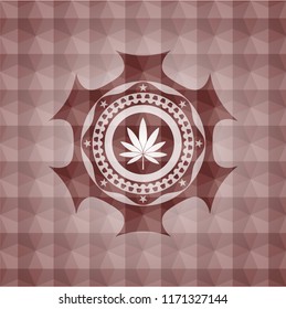 marijuana leaf icon inside red seamless emblem with geometric background.
