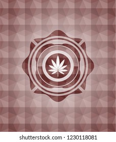 marijuana leaf icon inside red seamless emblem or badge with abstract geometric polygonal pattern background.
