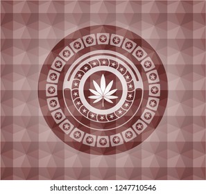 marijuana leaf icon inside red badge with geometric pattern background. Seamless.