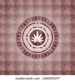 marijuana leaf icon inside red seamless emblem or badge with geometric pattern background.