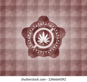 marijuana leaf icon inside red emblem or badge with abstract geometric pattern background. Seamless.