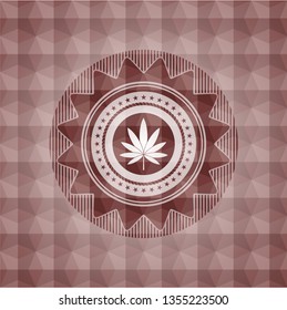 marijuana leaf icon inside red emblem with geometric pattern background. Seamless.