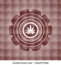 marijuana leaf icon inside red emblem or badge with geometric pattern background. Seamless.