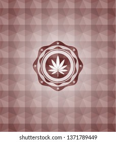 marijuana leaf icon inside red seamless emblem with geometric background.